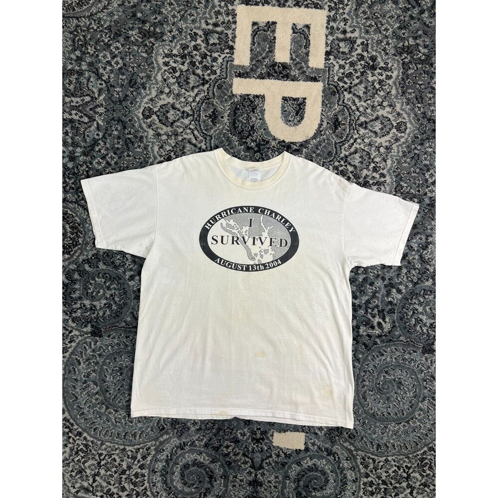 Vintage 2004 Mens Anvil Brand I survived Hurricane Charley Size XL Beige